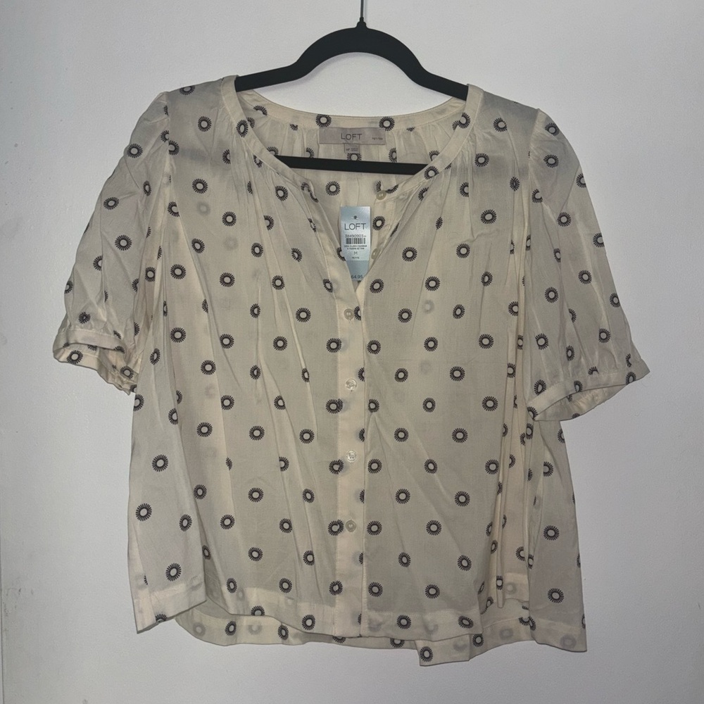 *NWT* LOFT Petite lightweight button-down blouse in cream with black print